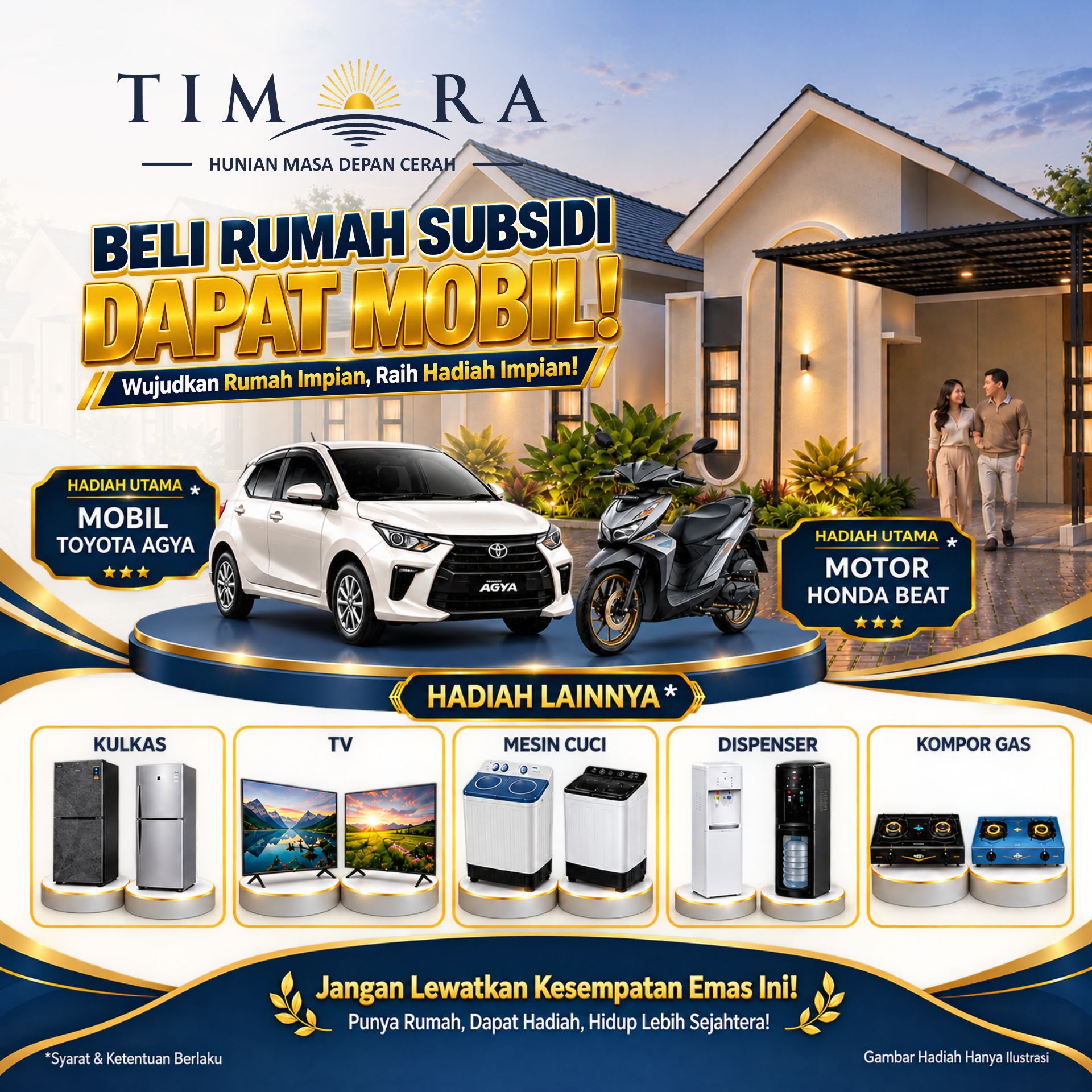 Spesial Promo Perumahan Subsidi Timora, kesempatan emas mendapatkan hadiah Toyota Agya dan Honda Beat.