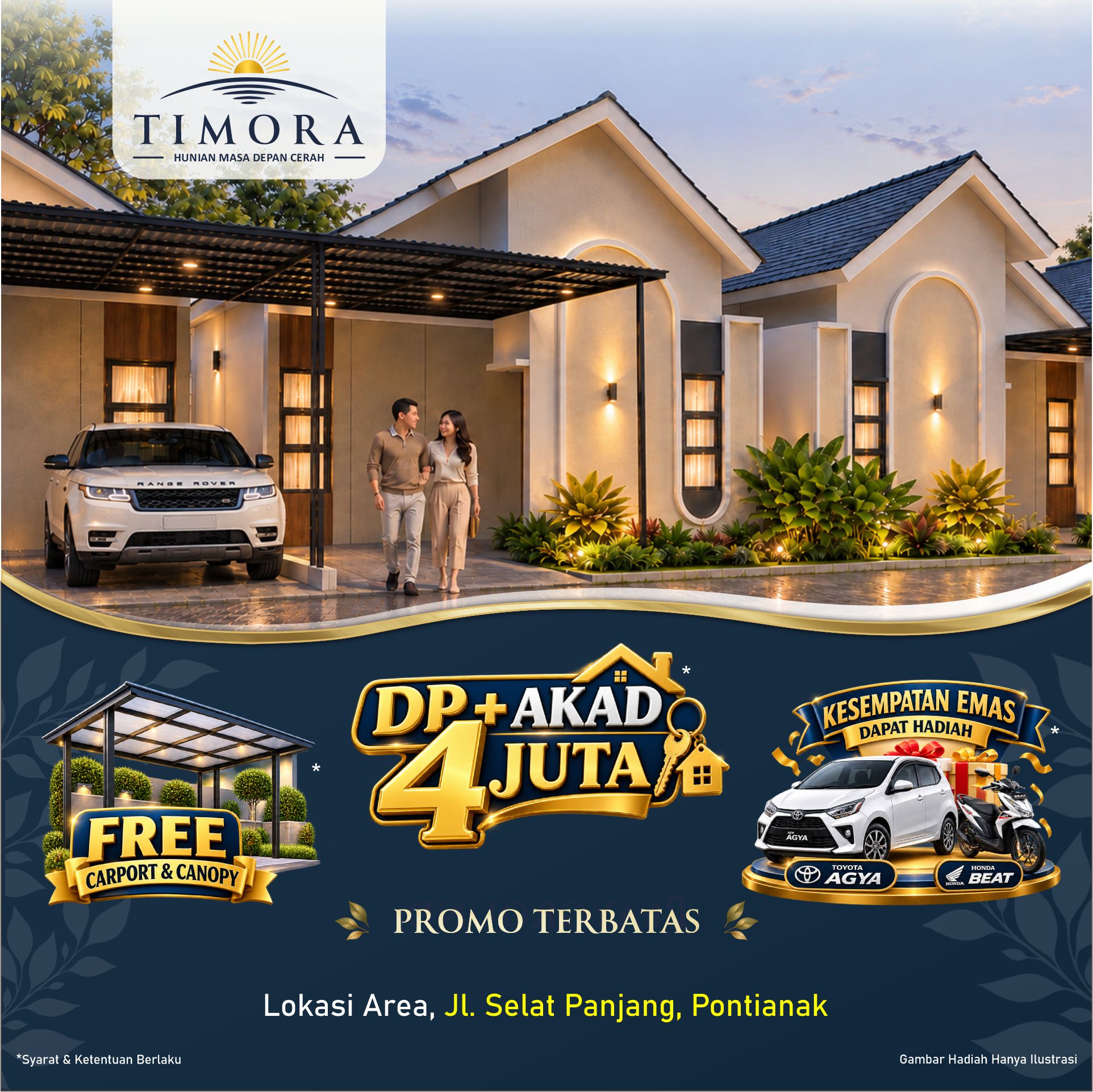 Kawasan Perumahan Subsidi Timora di Jl. Selat Panjang, Kota Pontianak dengan promo DP + Akad 4 Juta, free carport & canopy, serta kesempatan mendapatkan hadiah mobil dan motor.